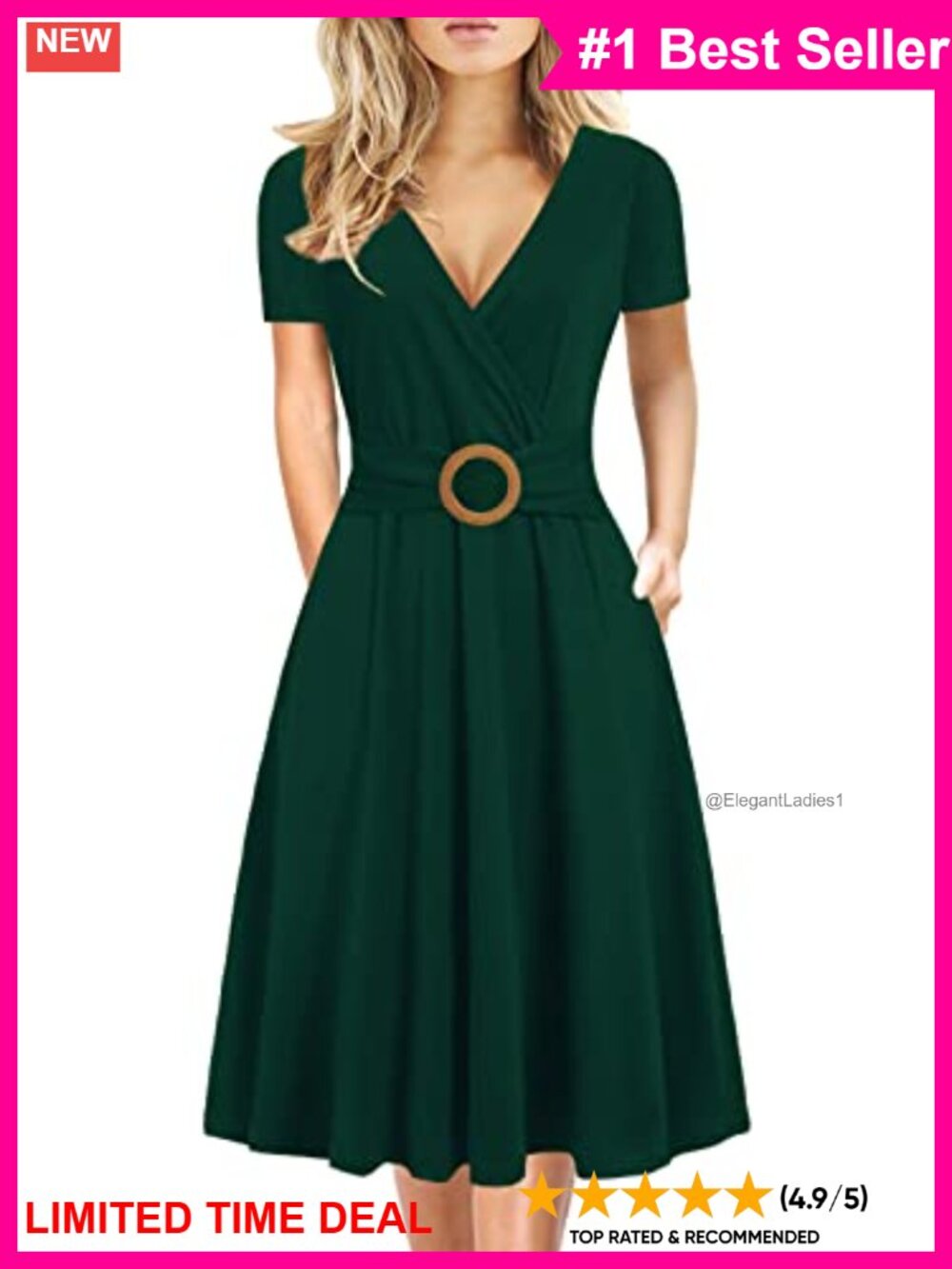 Women's Criss-Cross V Neck Faux Wrap Midi Dress with Pockets